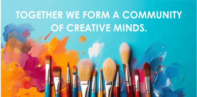 different size paintbrushes on a colourful background. Text reads together we form a community of creative minds