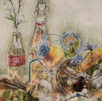 painting of different kinds of bottles with flowers in them