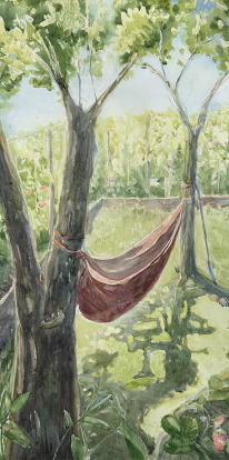 Painting of vegetable garden in background with red hammock hanging between two trees