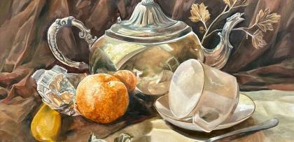 painting of teapot and cup, wrappers and fruit on wrinkled brown backdrop